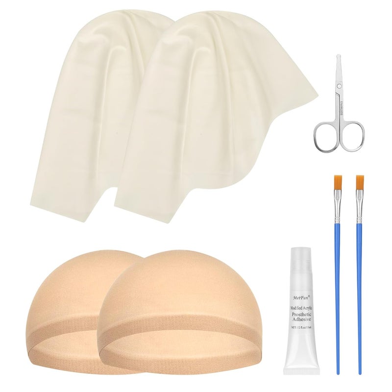 MetFun 8PCS Professional Bald Cap Kit for Men Women Halloween Costume Makeup SFX Makeup Accessories with Prosthetic Adhesive Nude Wig Cap Safety Scissors Painting Brush Perfect for Cosplay Dress-Up & Theatre - Image 1